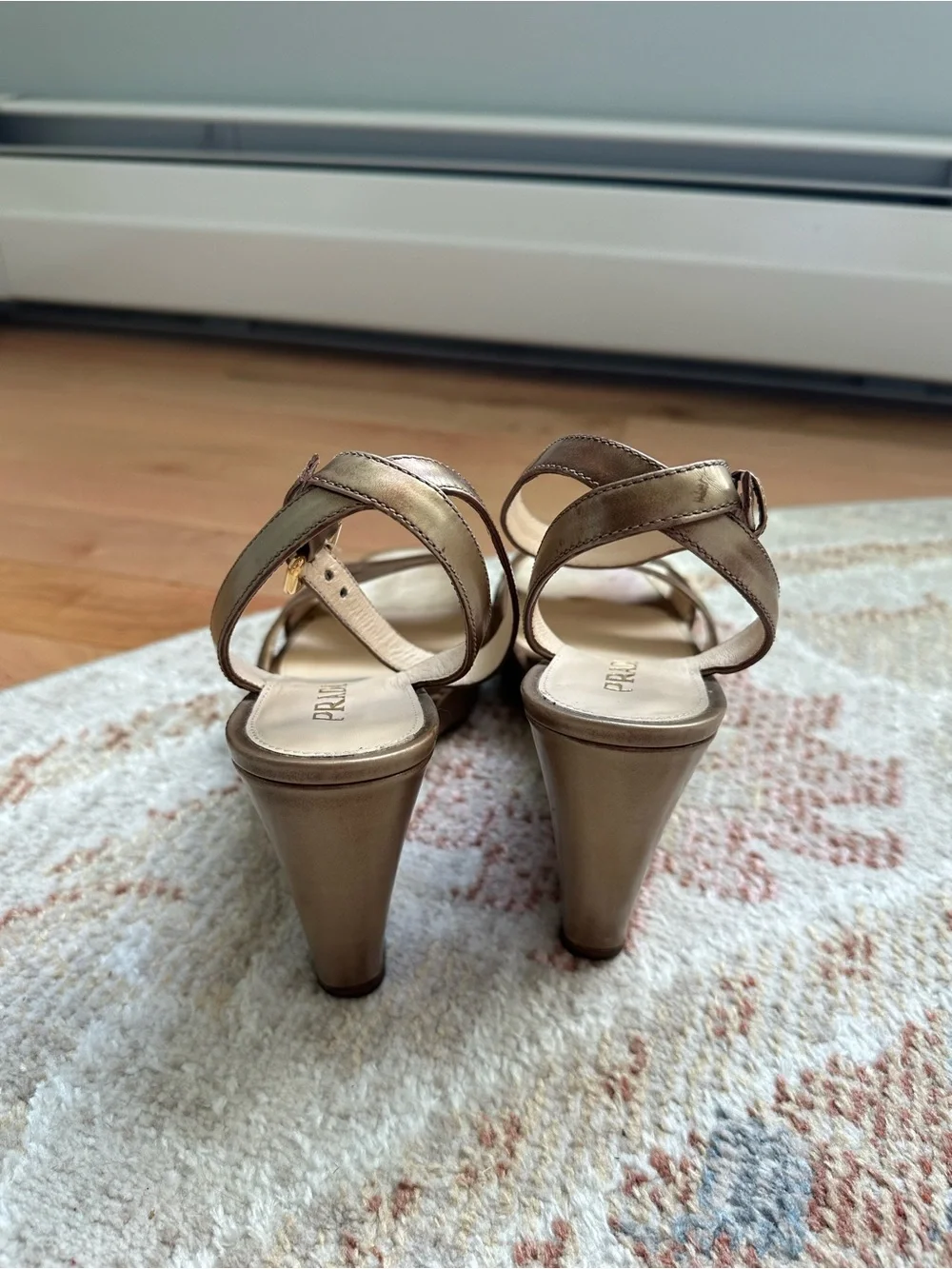 Prada Bronze Metallic Wedge Sandals with Ankle Strap